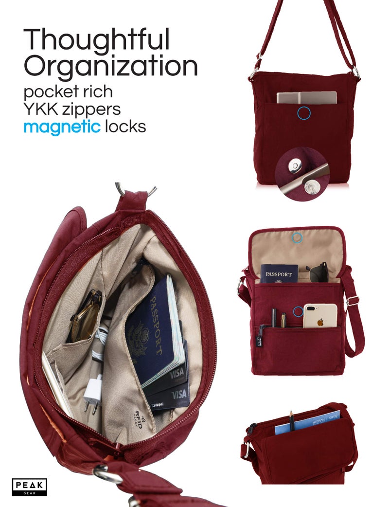 Peak Gear Crossbody Travel Purse with RFID Blocking Pocket and Lifetime Recovery Service. Versatile and Stylish Nylon Shoulder Bag | Burgundy - Image 5